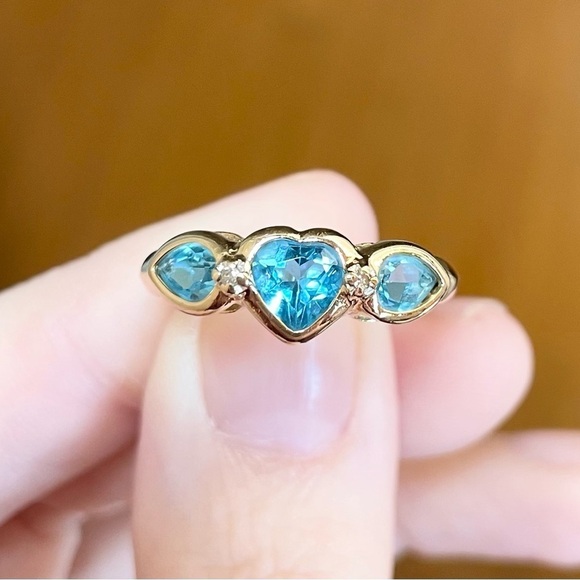 14K Swiss Blue Topaz Diamond Heart Marquis triplet solid yellow gold ring - Picture 7 of 10